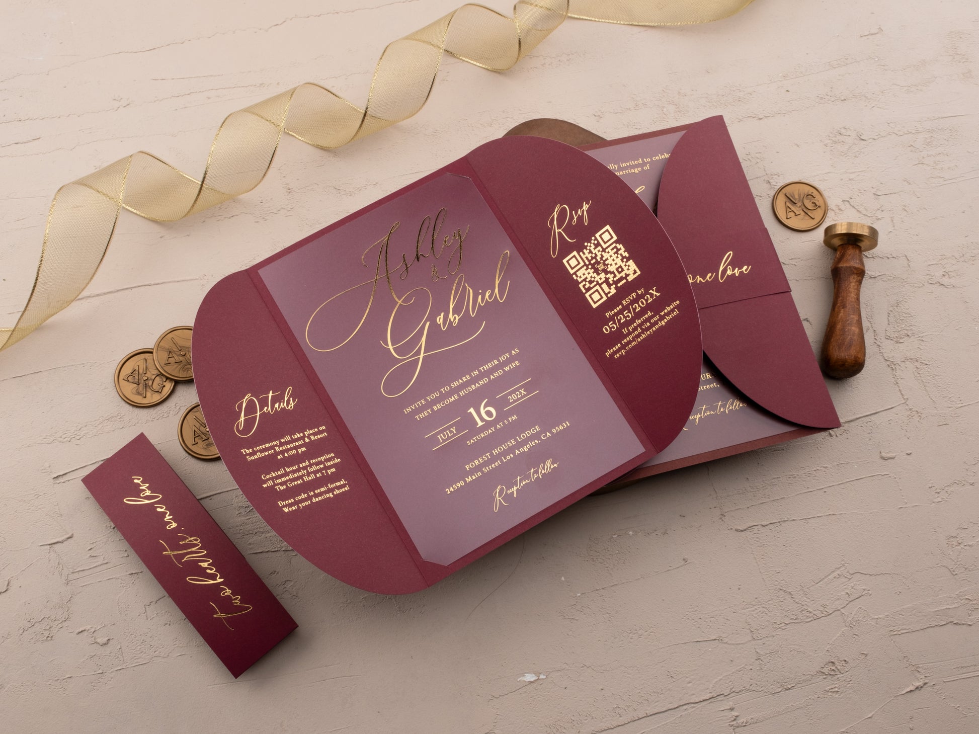 Burgundy Acrylic Wedding Invitation with Gold Foil & Jacket