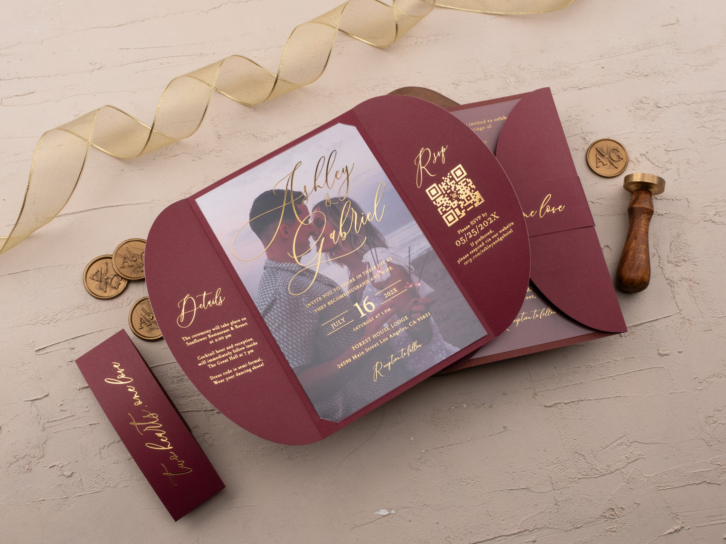 Burgundy Acrylic Wedding Invitation with Gold Foil & Jacket