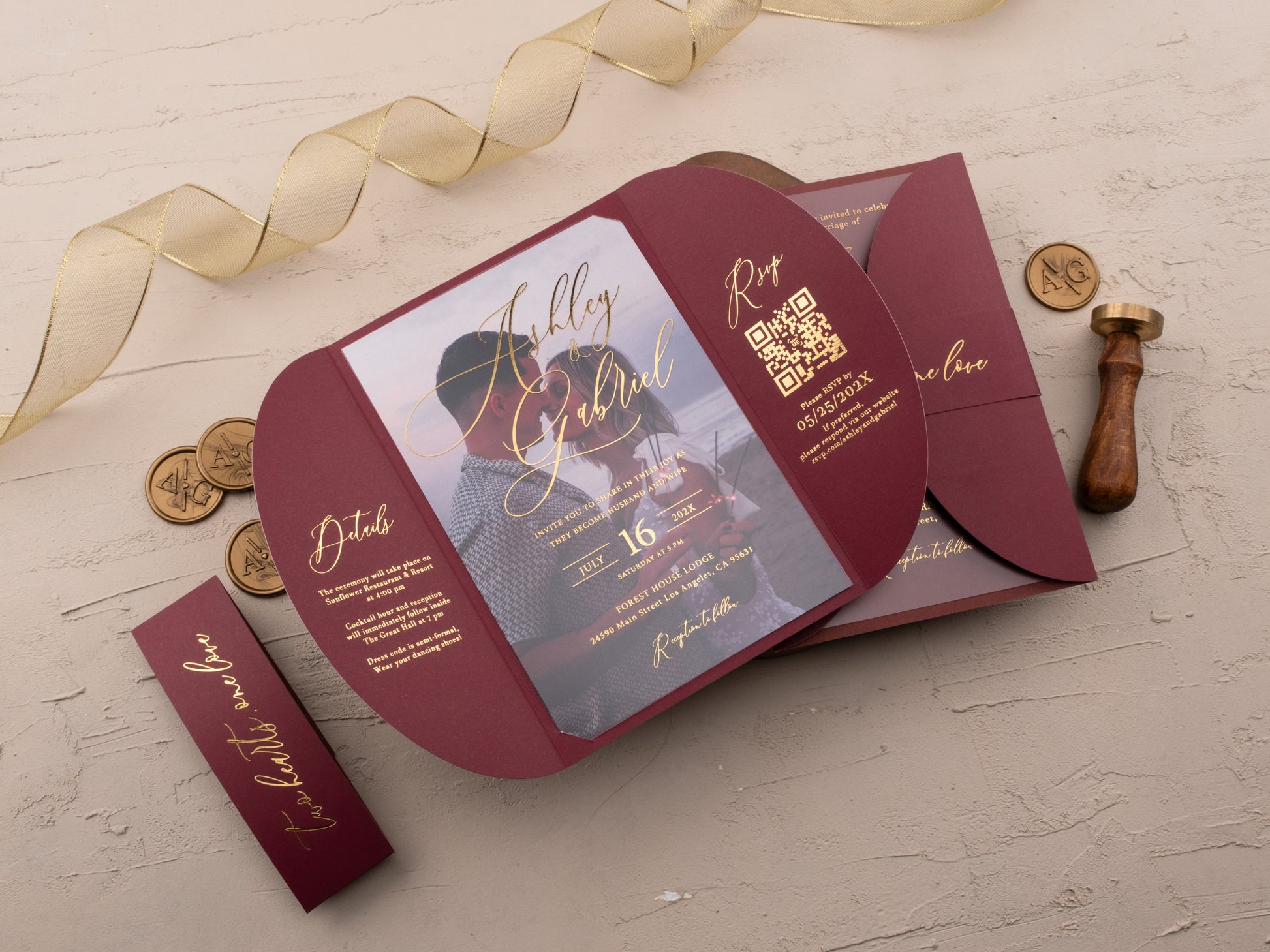 Burgundy Acrylic Wedding Invitation with Gold Foil & Jacket