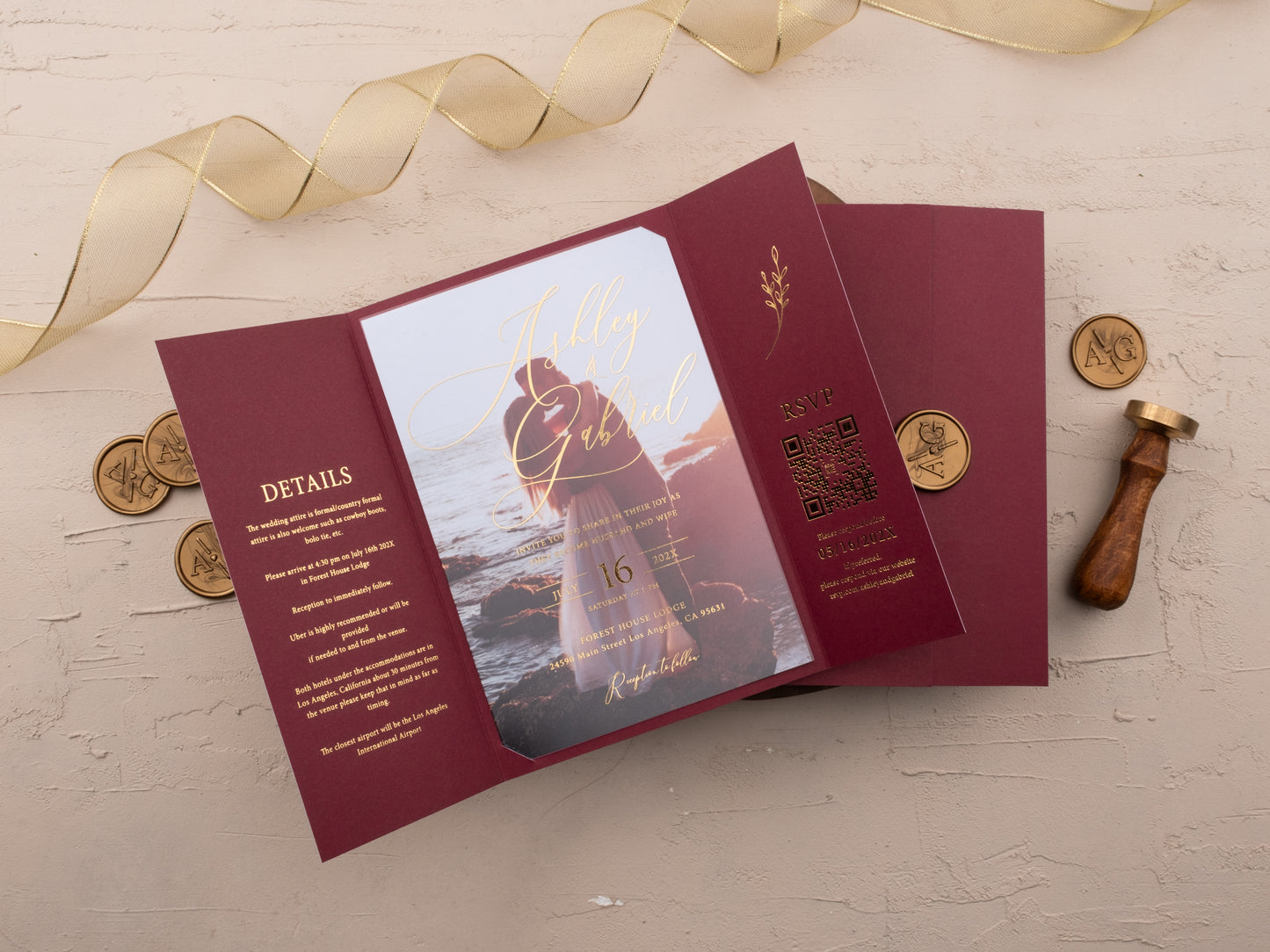 Photo-insert burgundy acrylic wedding invitation with gold accents