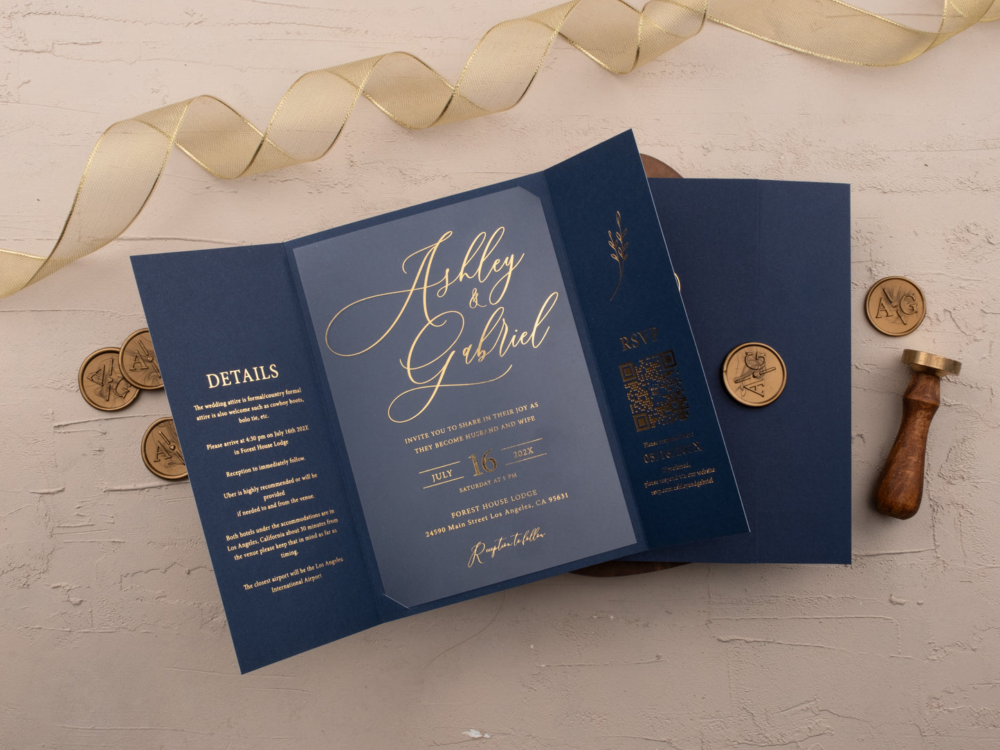 Navy blue wedding invitation with acrylic card and gold foil accents