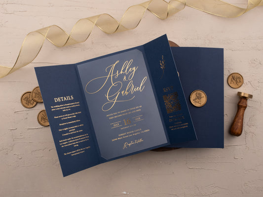 Luxury Navy Blue & Gold Acrylic Wedding Invitation with Wax Seal