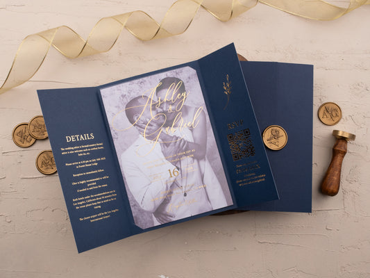 Luxury Navy Blue & Gold Acrylic Wedding Invitation with Wax Seal