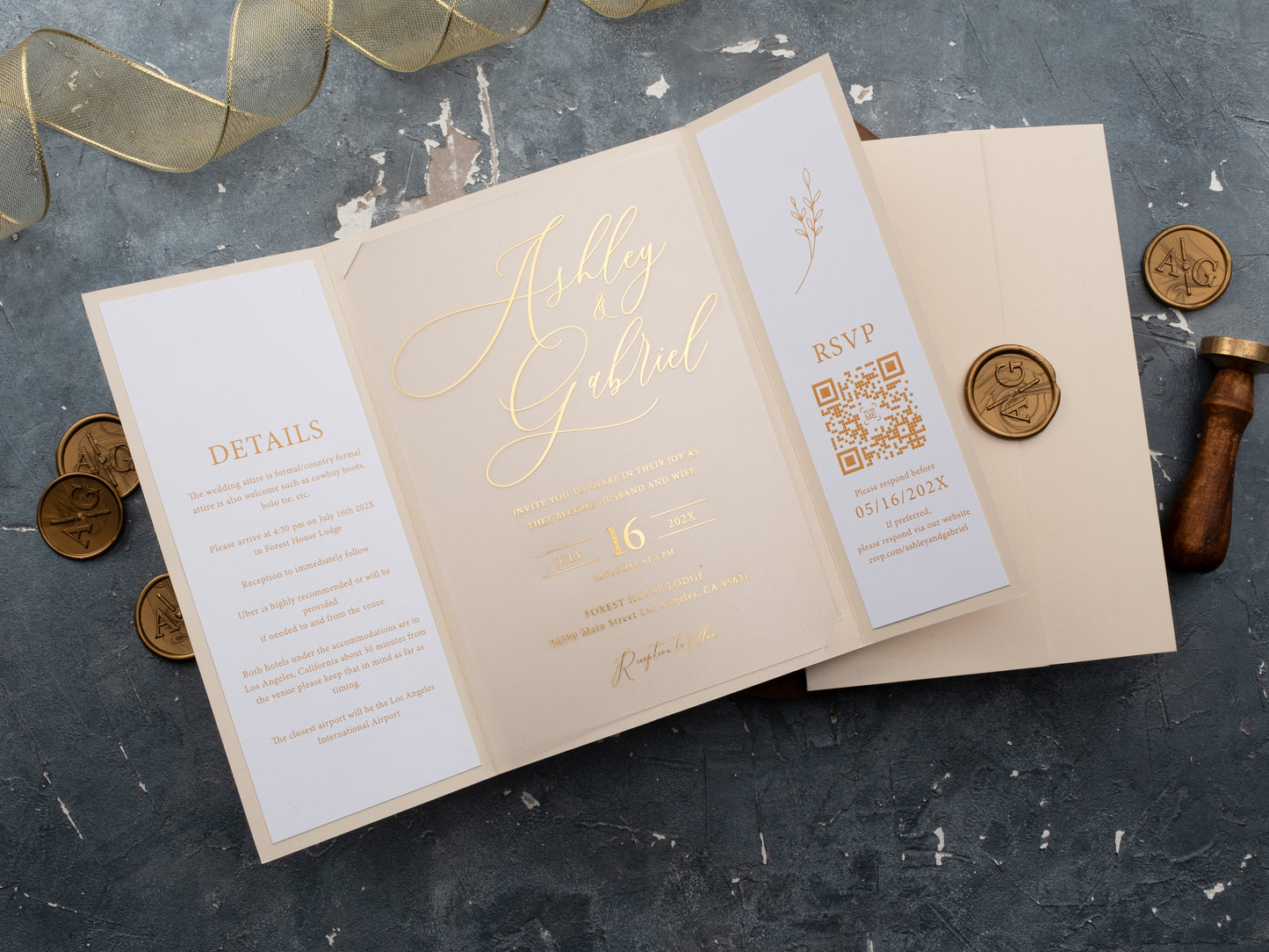 Acrylic wedding invitation with gold foil and RSVP QR code