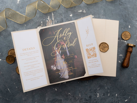 Acrylic Ivory Wedding Invitation with Gold Foil & Wax Seal