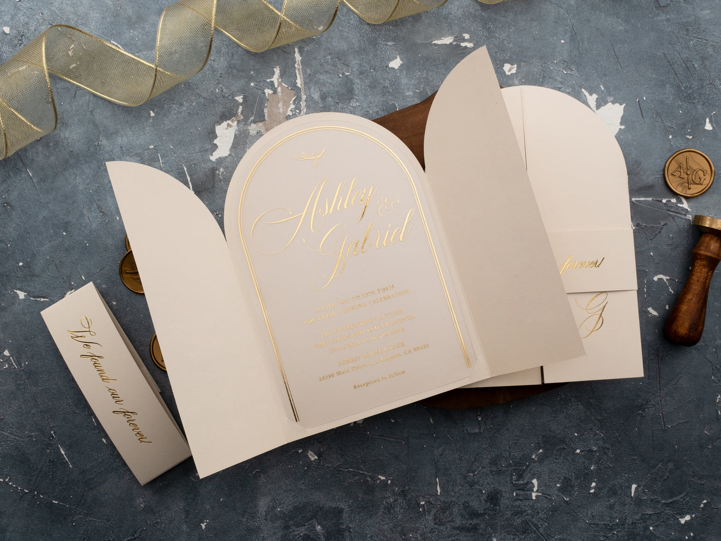 Open arch wedding invitation suite in ivory and gold