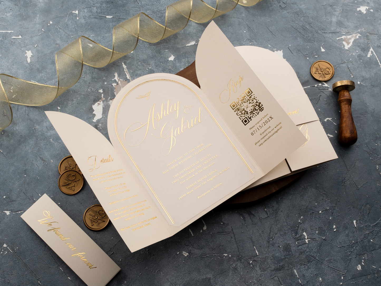 Ivory arch wedding invitation set with gold foil text