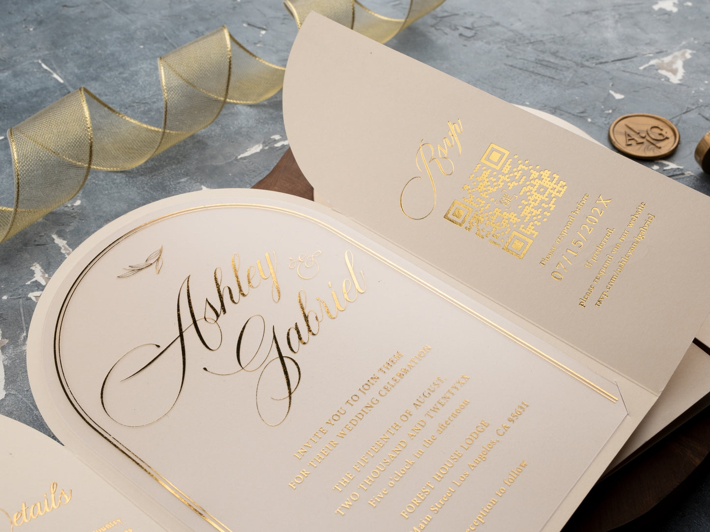 Gold foil printed wedding invitation with ivory background