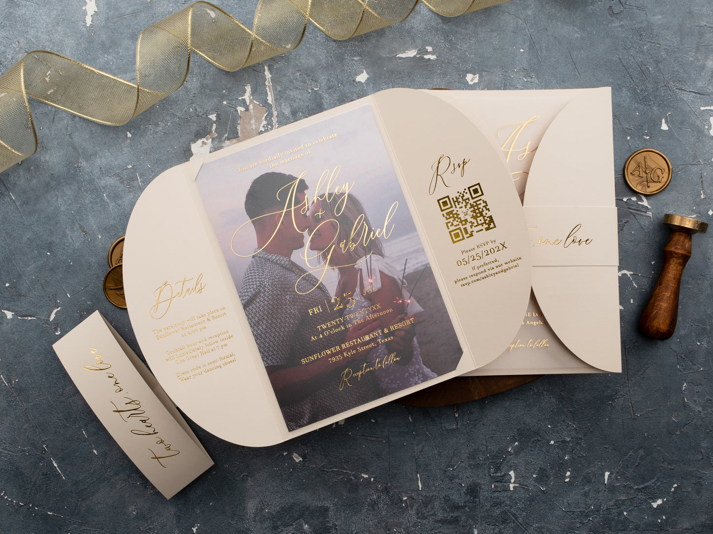 Ivory and gold wedding invitation set with photo insert option