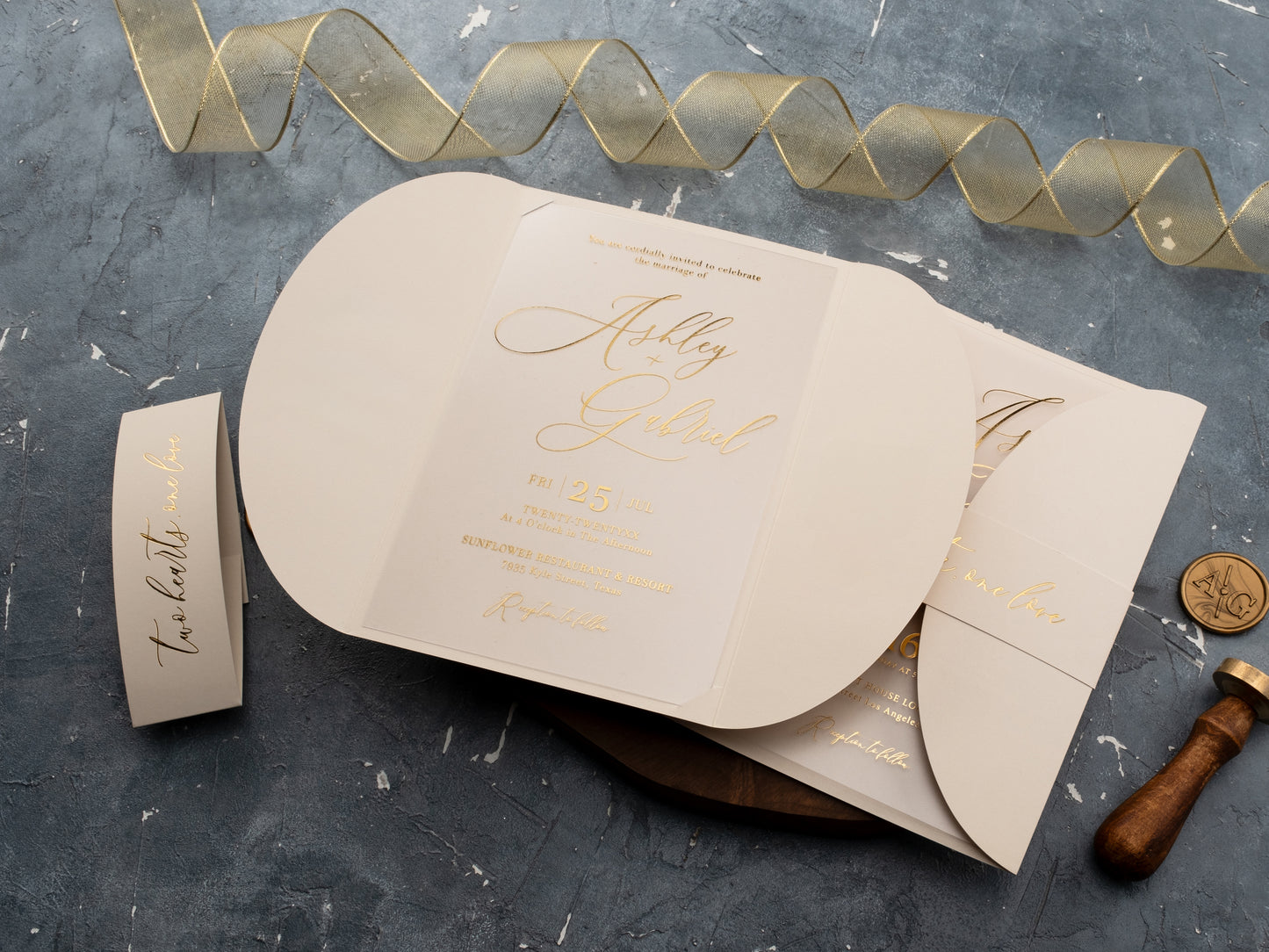 Elegant ivory curved jacket wedding card with clear acrylic insert