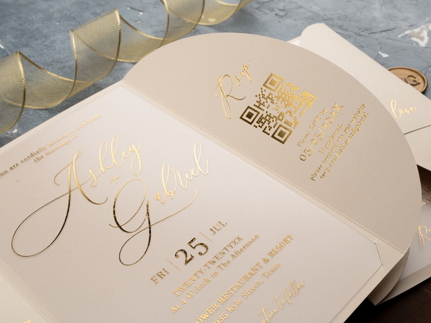Ivory acrylic wedding invitation with gold foil and RSVP QR code
