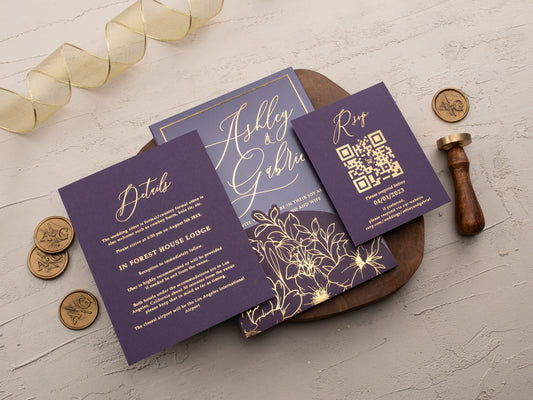 Purple & Gold Floral Acrylic Wedding Invitation | Sleeve Envelope and QR Rsvp Card and Details Card
