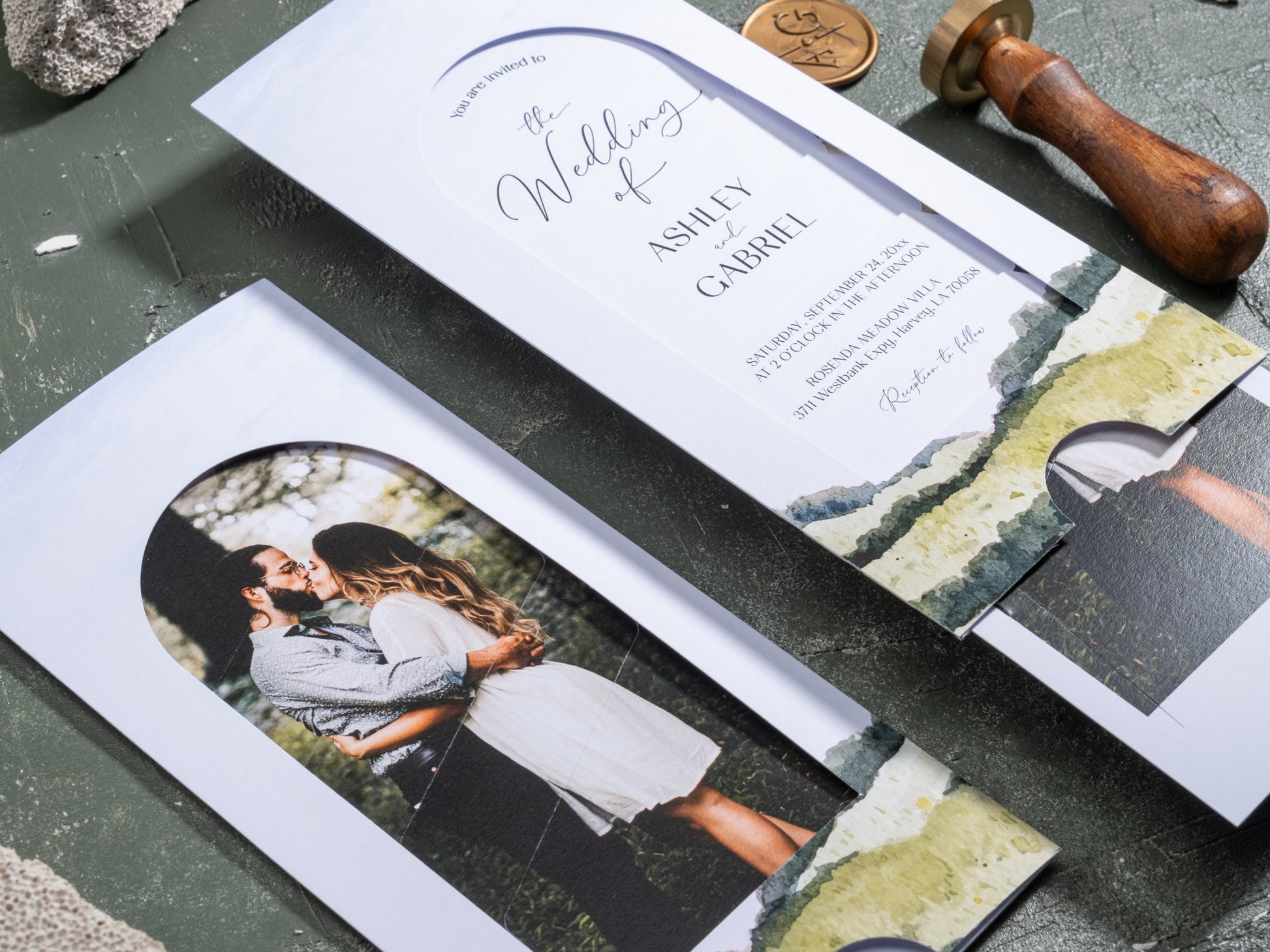 modern sliding wedding announcement with couple photo