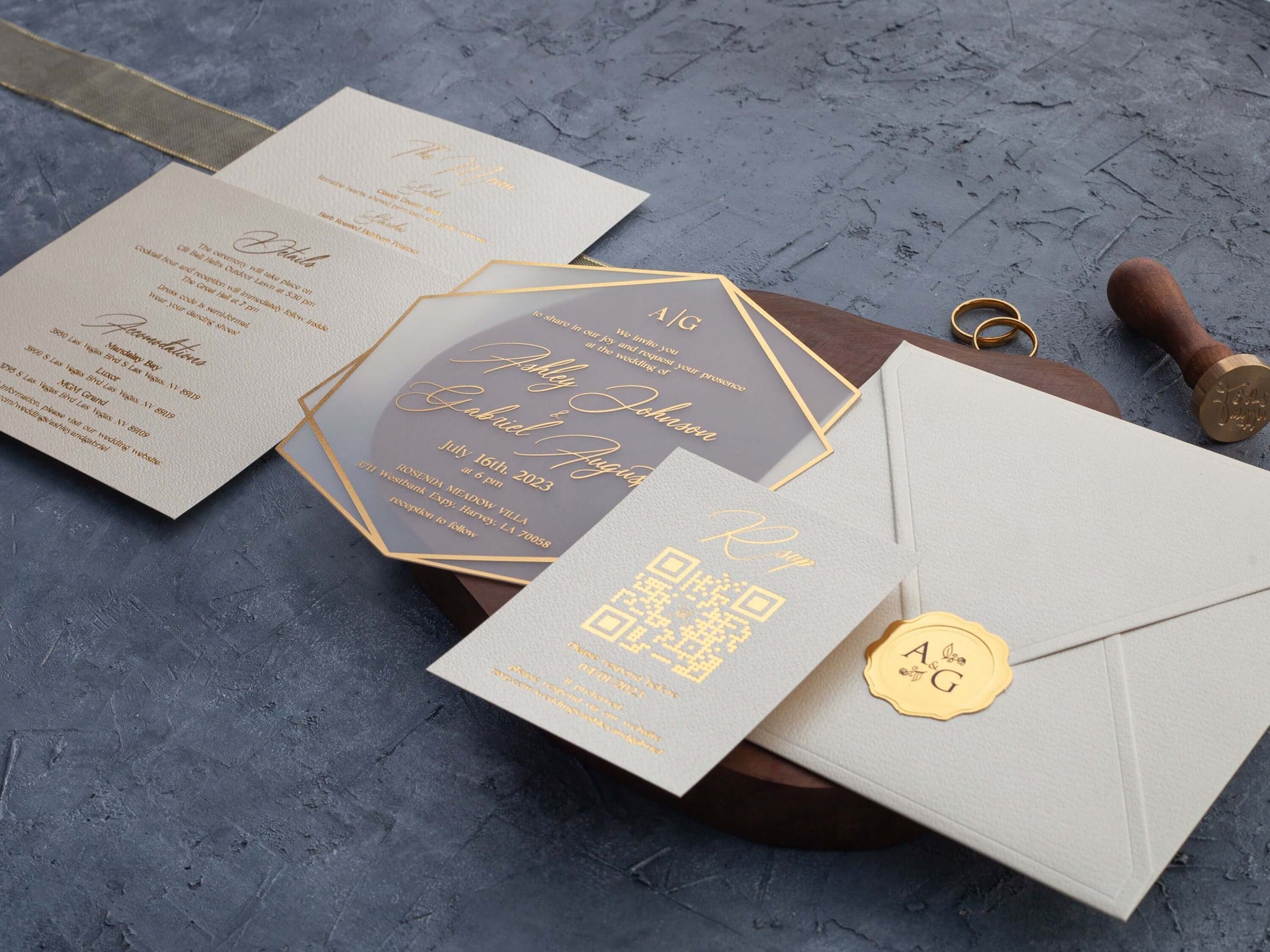 Ivory and Gold Acrylic Wedding Invitations – Hexagonal Design