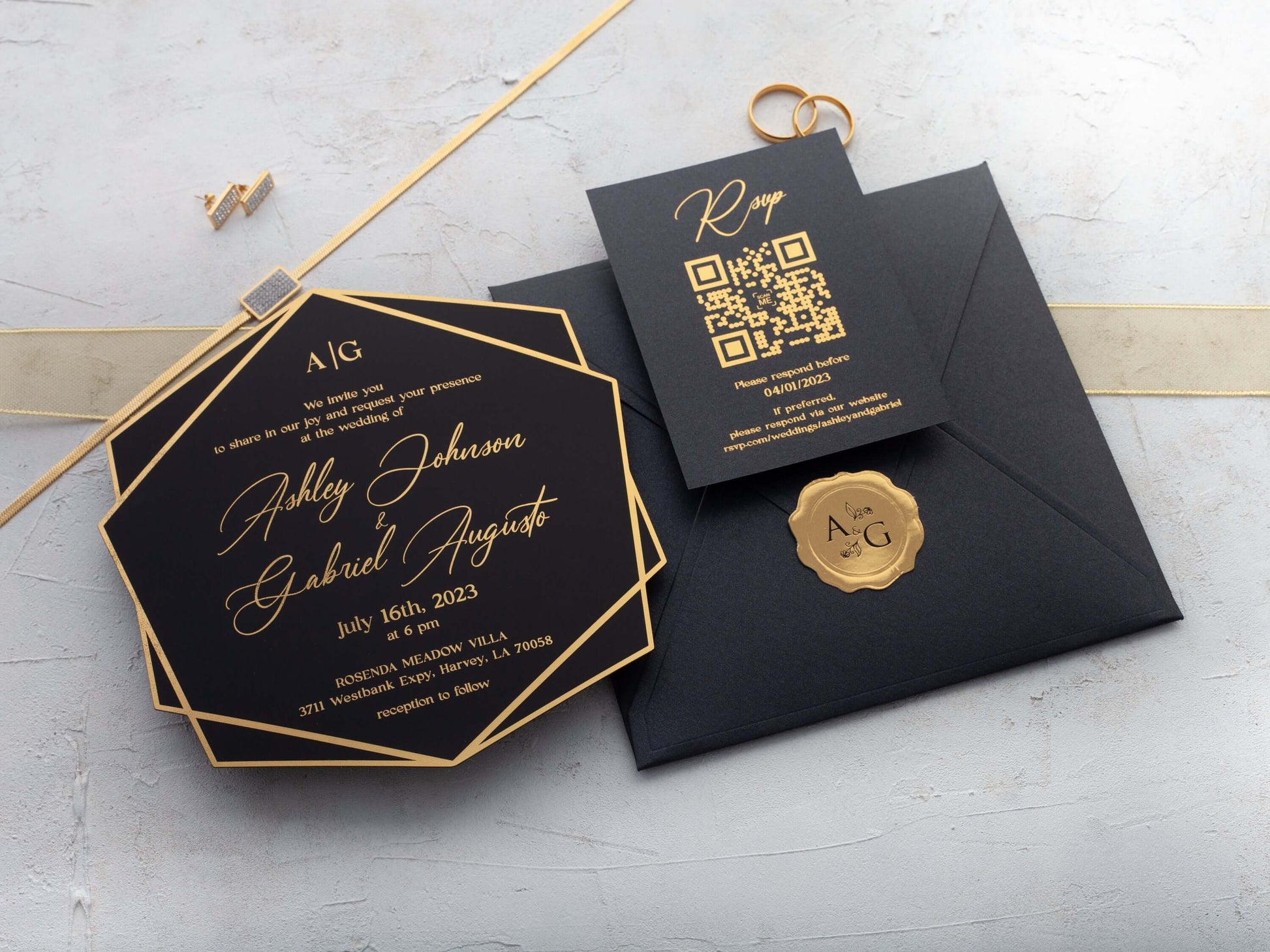 Black Acrylic Wedding Invitations with Gold Foil Accents