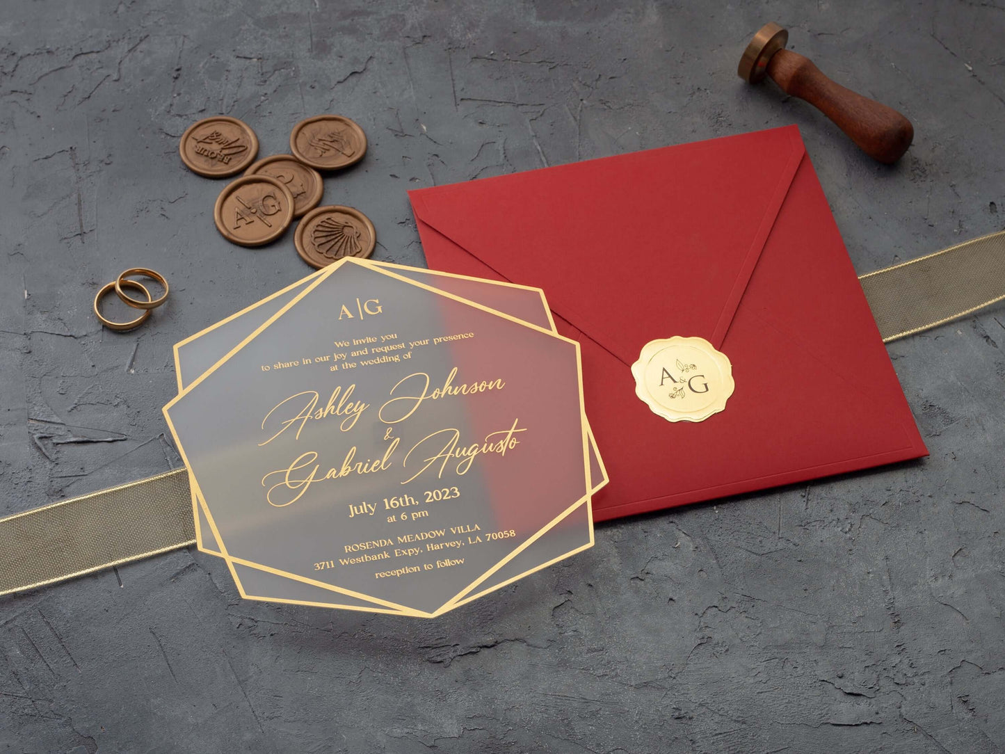 Red and Gold Acrylic Wedding Invitation
