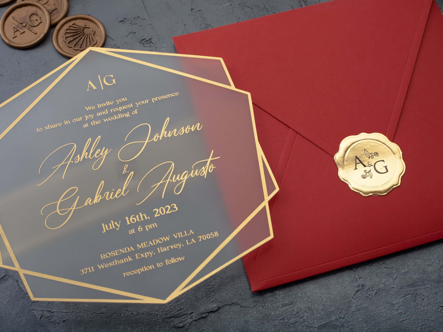 Red and Gold Acrylic Wedding Invitation