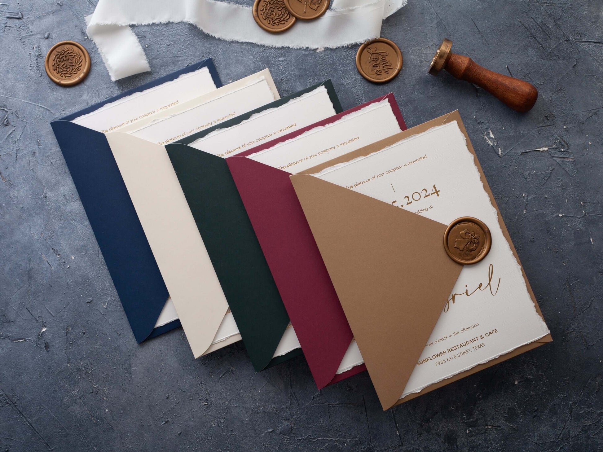 Natural Deckled Edge Wedding Invitations with Gold Foil