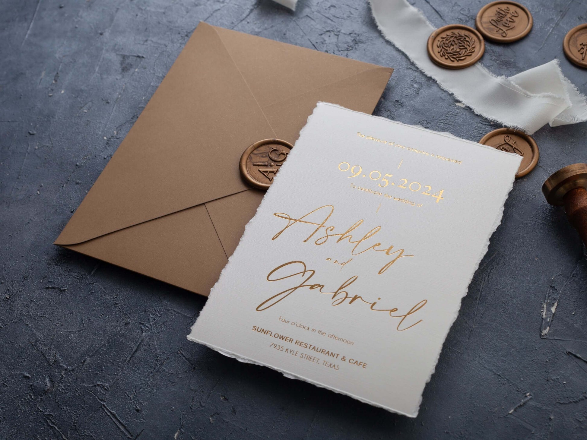 Natural Deckled Edge Wedding Invitations with Gold Foil