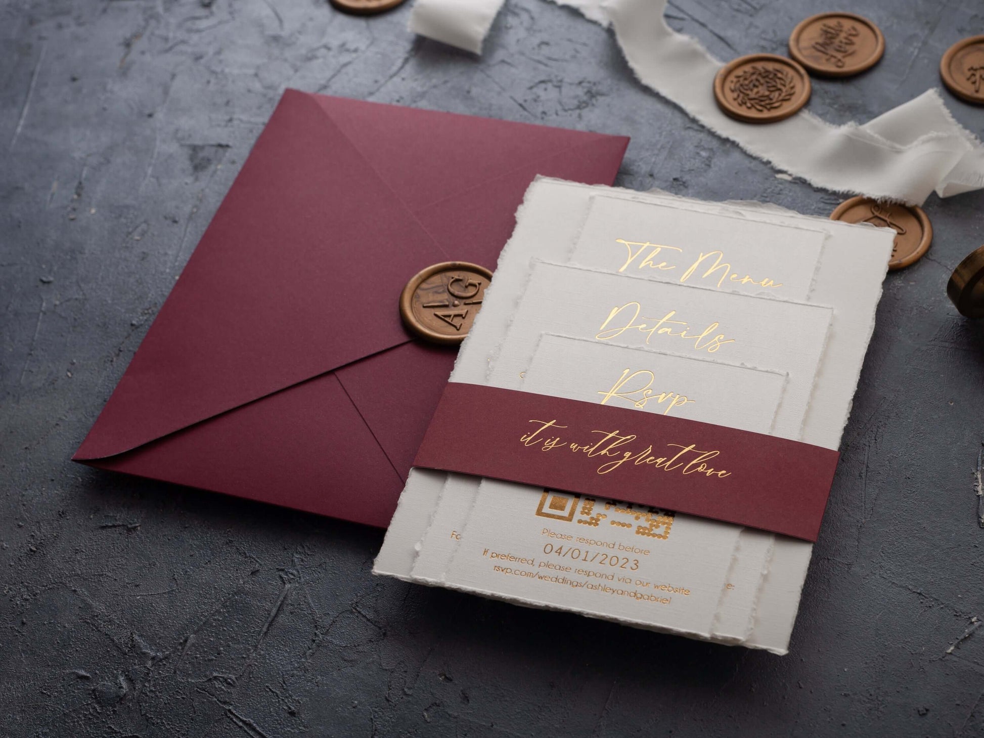 Natural Deckled Edge Wedding Invitations with Gold Foil