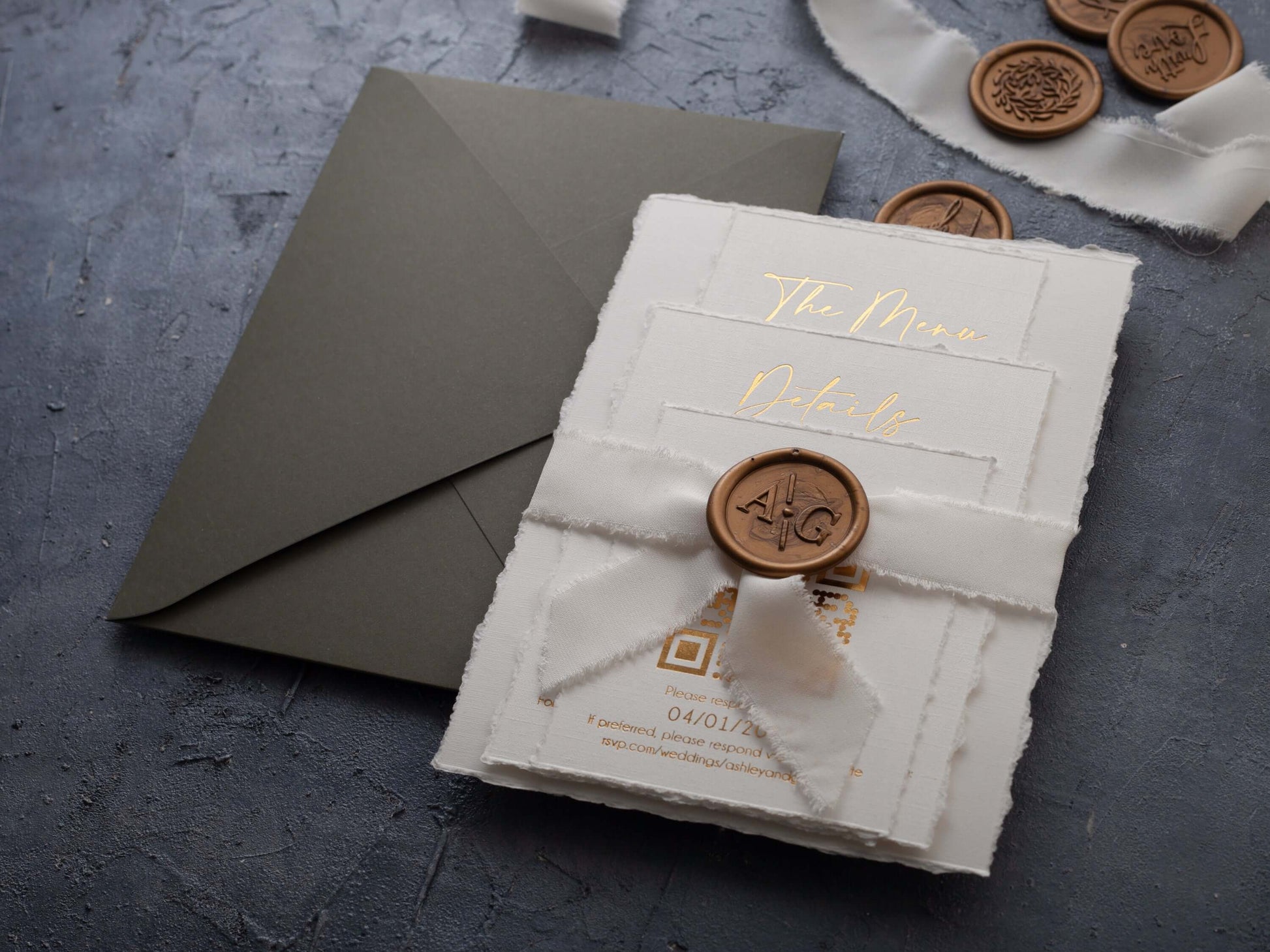 Natural Deckled Edge Wedding Invitations with Gold Foil