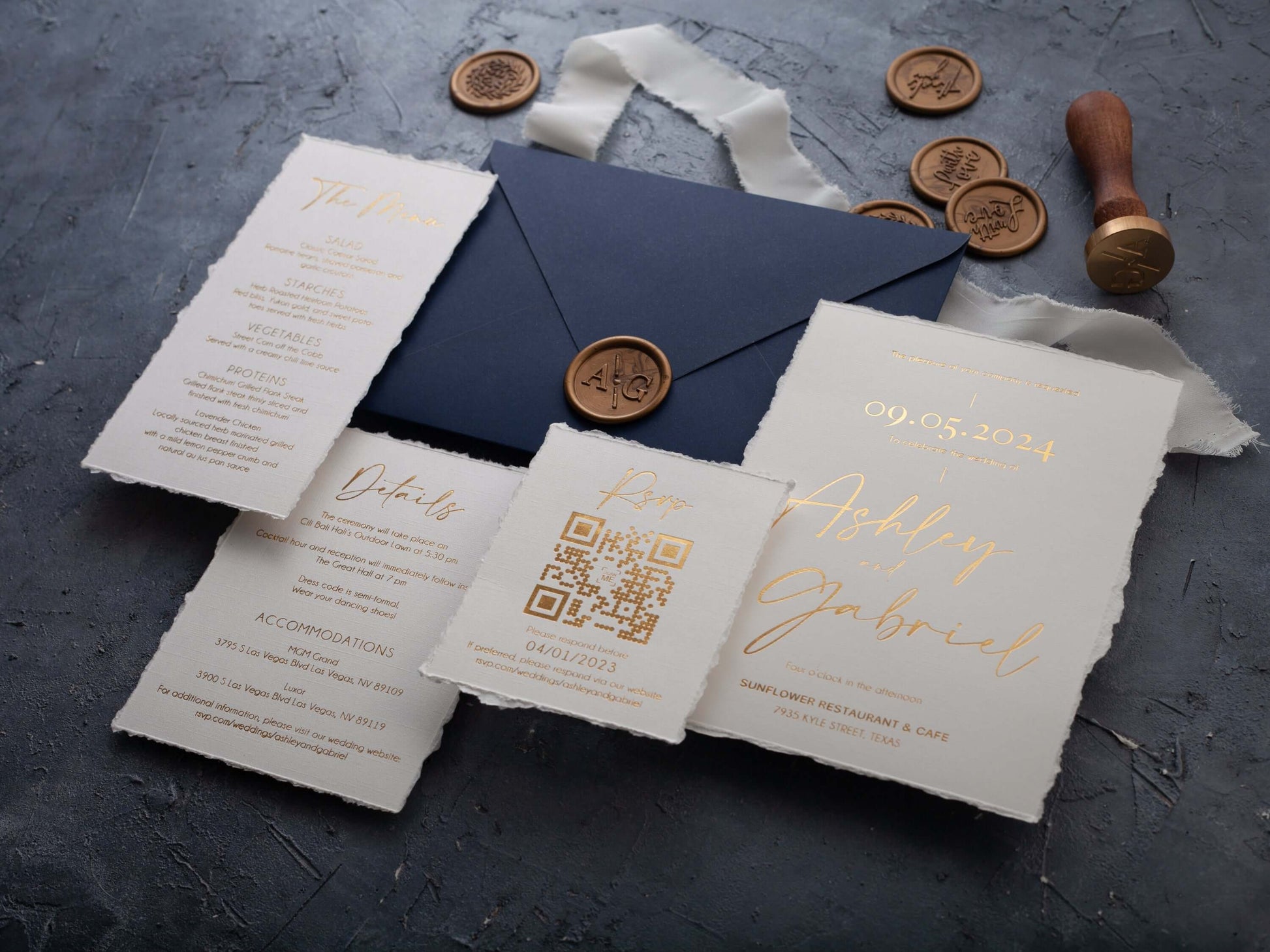 Natural Deckled Edge Wedding Invitations with Gold Foil