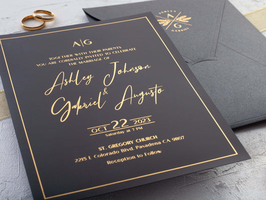 Black Acrylic Wedding Invitations with Gold Foil Printing
