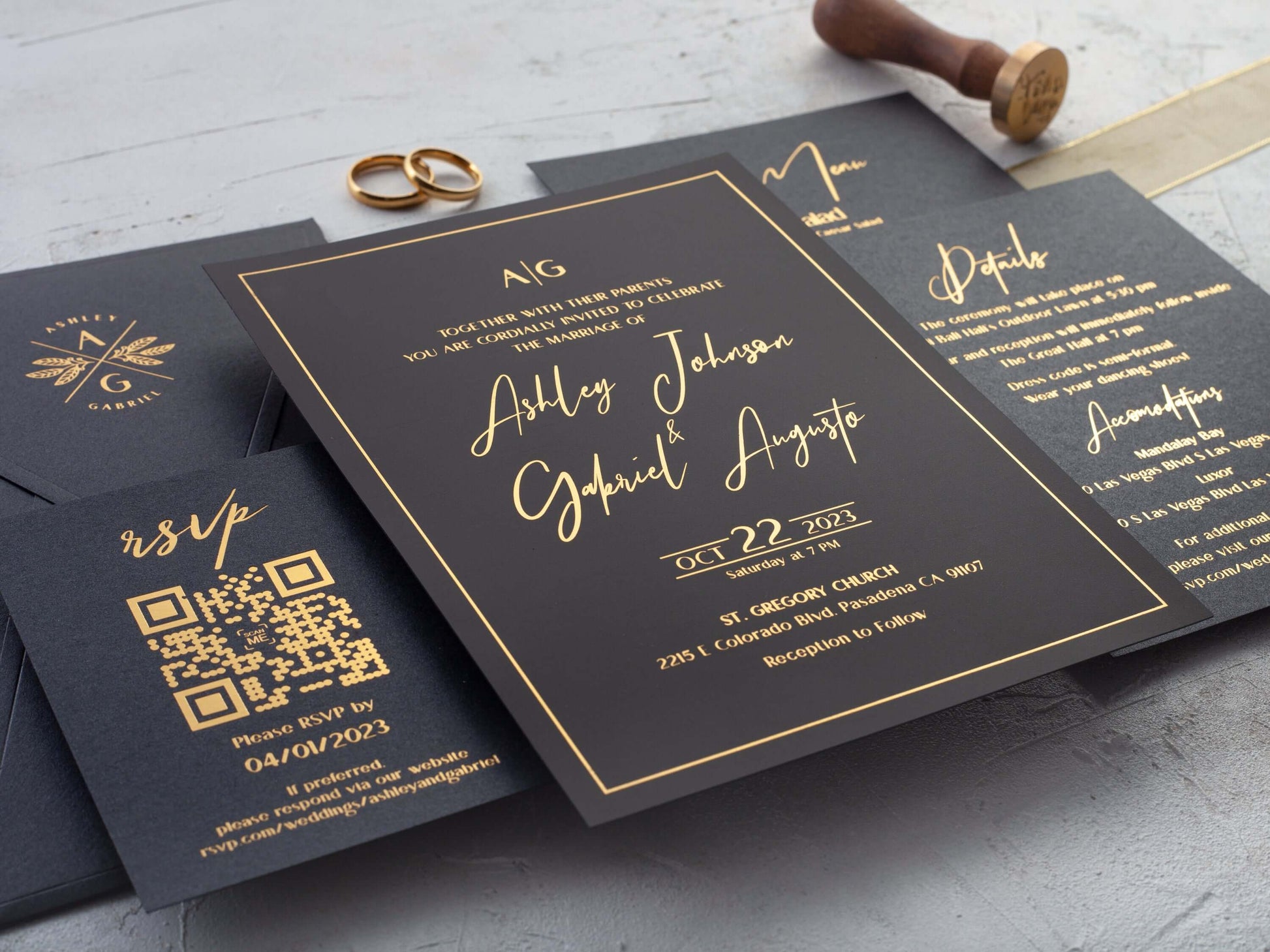 Black Acrylic Wedding Invitations with Gold Foil Printing
