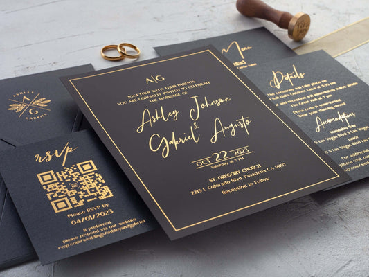 Black Acrylic Wedding Invitations with Gold Foil Printing