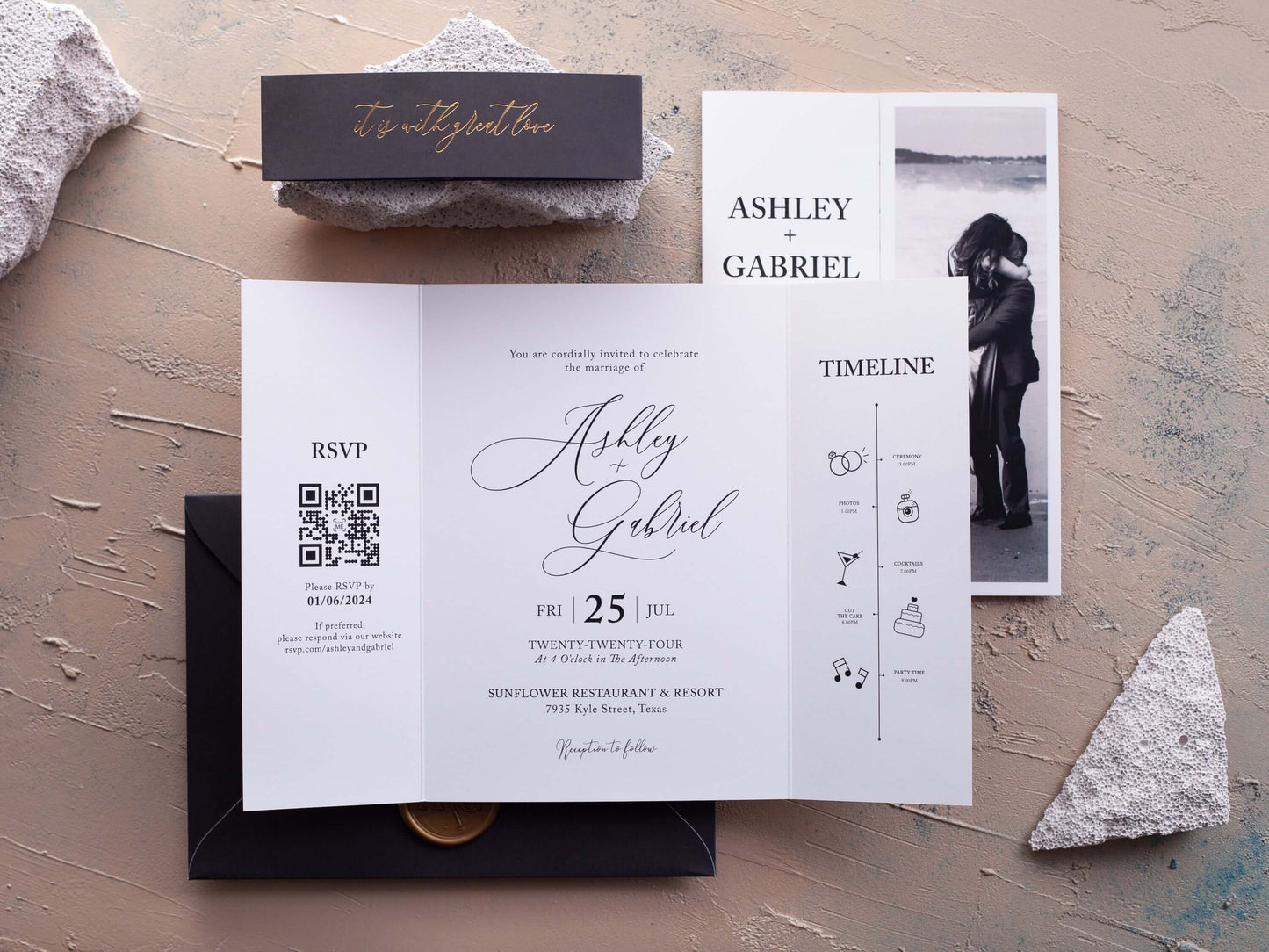 Folded Wedding Invitations with Couple Photo and Rsvp