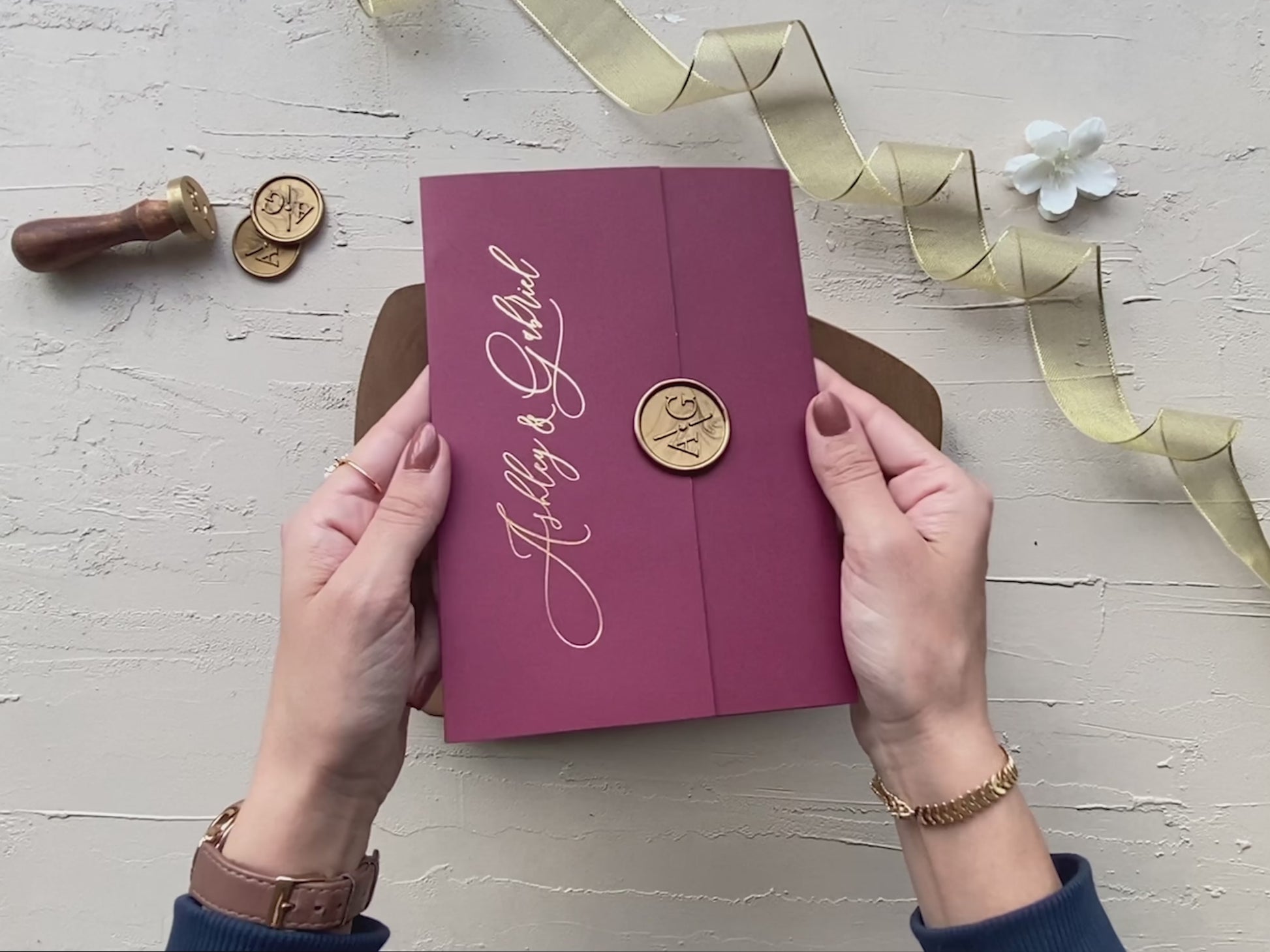 Burgundy and gold tri-fold wedding invitation with wax seal and RSVP QR code, perfect for romantic and formal wedding themes.