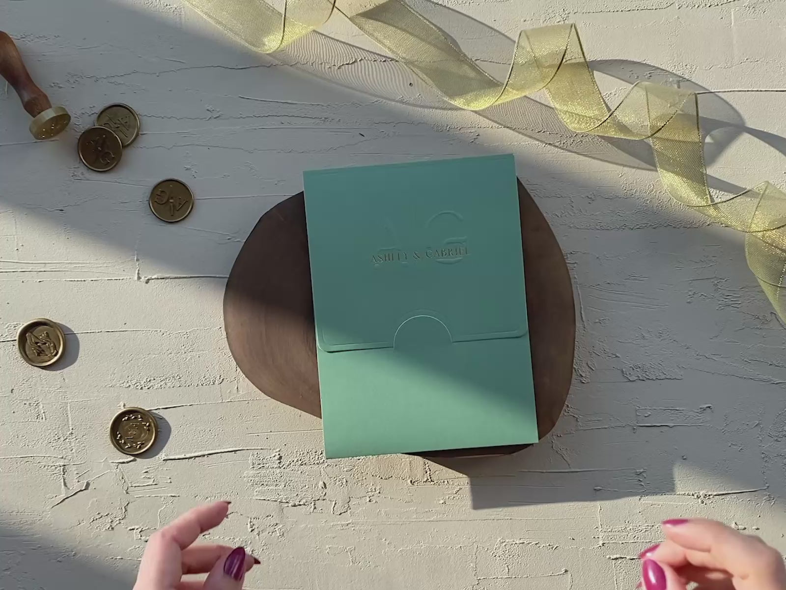 Full invitation suite with sage green details card and RSVP card with QR code Set video