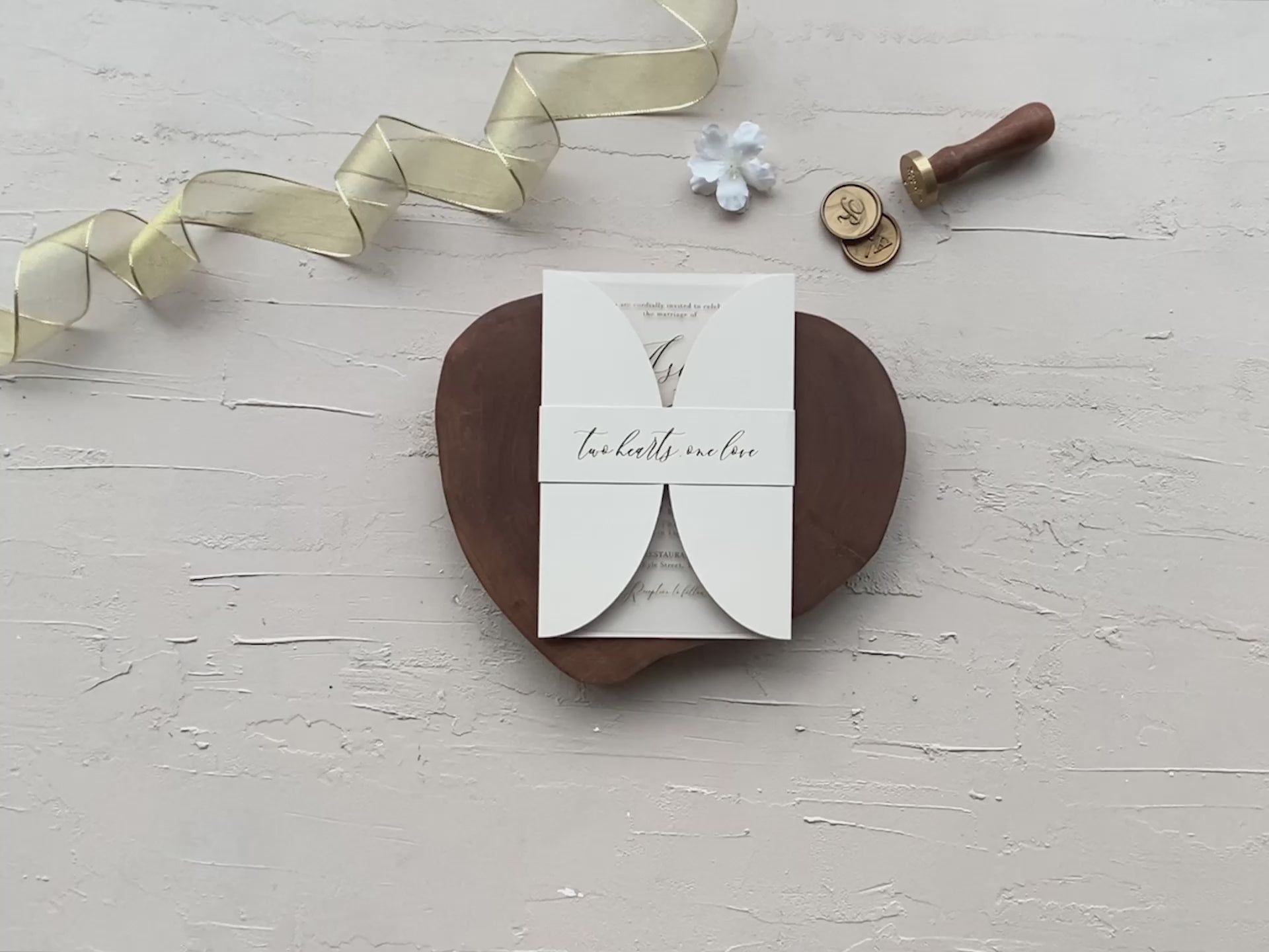 Ivory acrylic wedding invitation with gold foil print, curved gatefold jacket, RSVP QR panel, and personalized photo insert section.