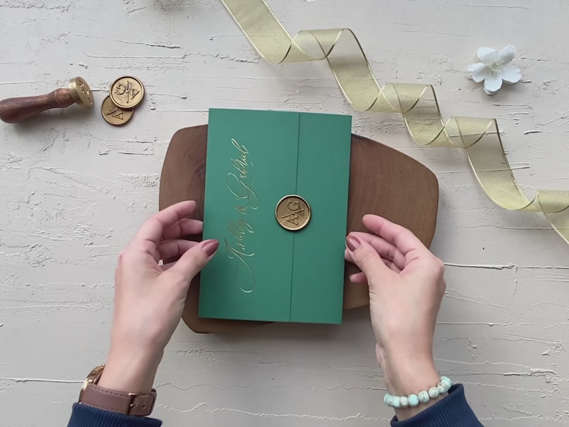 Luxury forest green wedding invitation with gold foil, tri-fold design, custom wax seal, and RSVP QR code – premium wedding stationery set