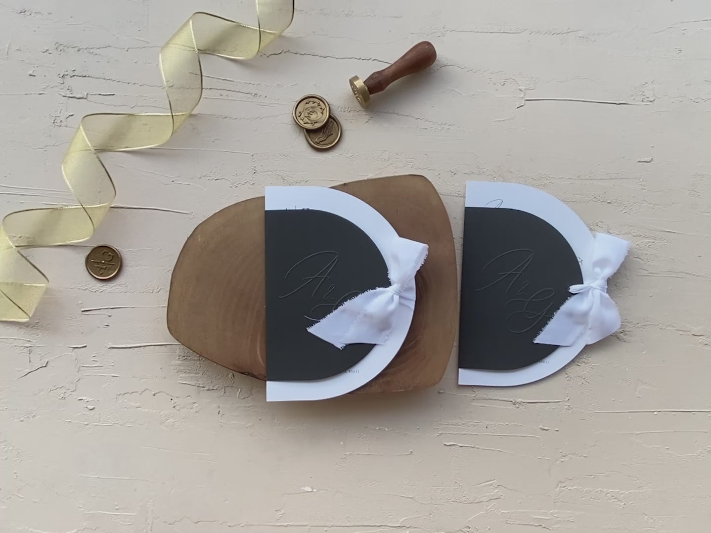 Black and gold wedding invitation with modern arch design, gold foil print, QR code RSVP Set video