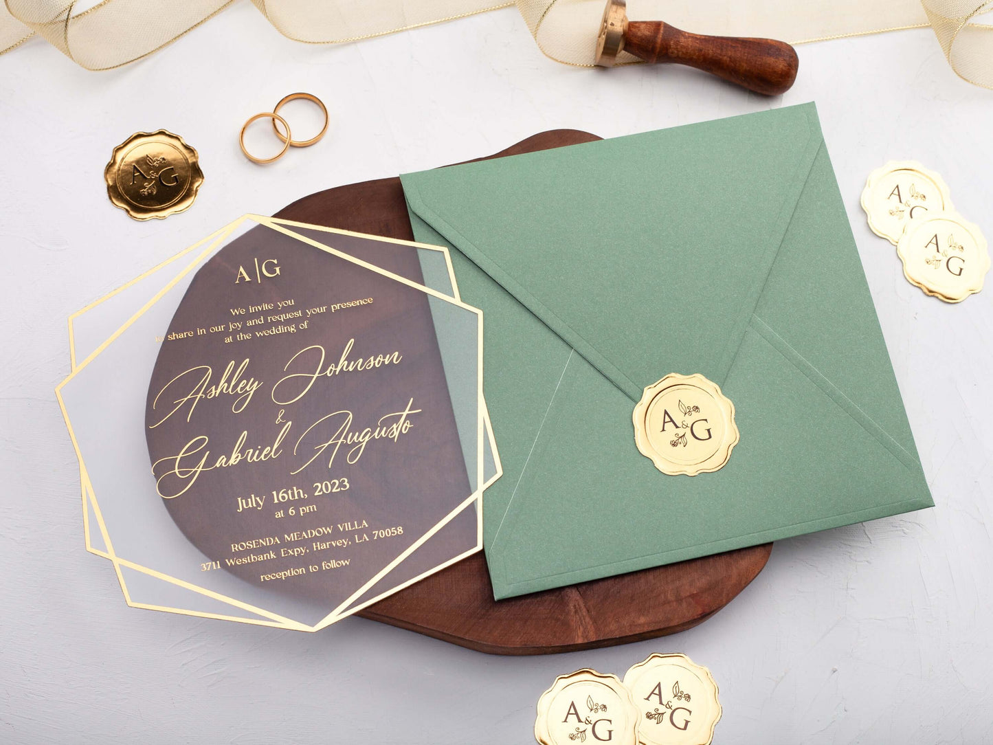 Sage Green Acrylic Wedding Invitations with Gold Foil Printing