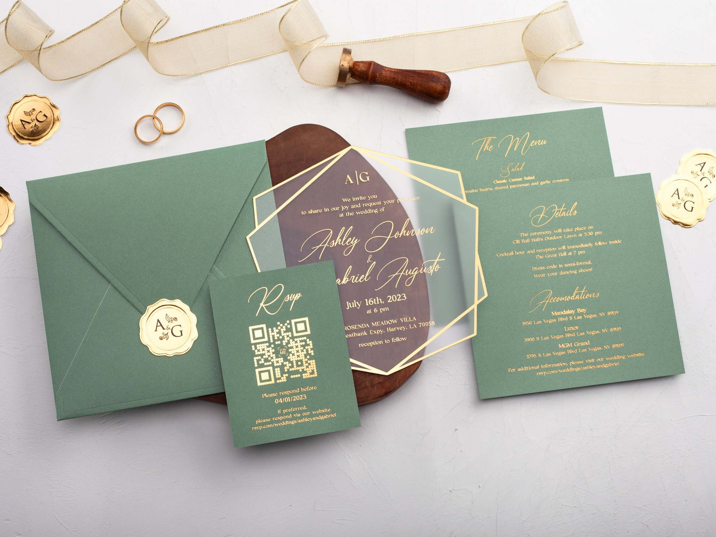 Sage Green Acrylic Wedding Invitations with Gold Foil Printing