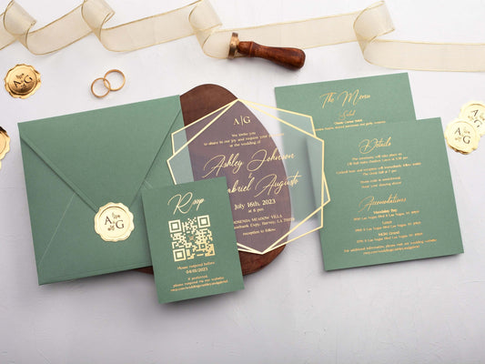 Sage Green Acrylic Wedding Invitations with Gold Foil Printing