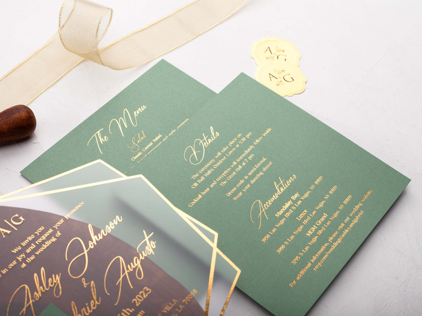 Sage Green Acrylic Wedding Invitations with Gold Foil Printing