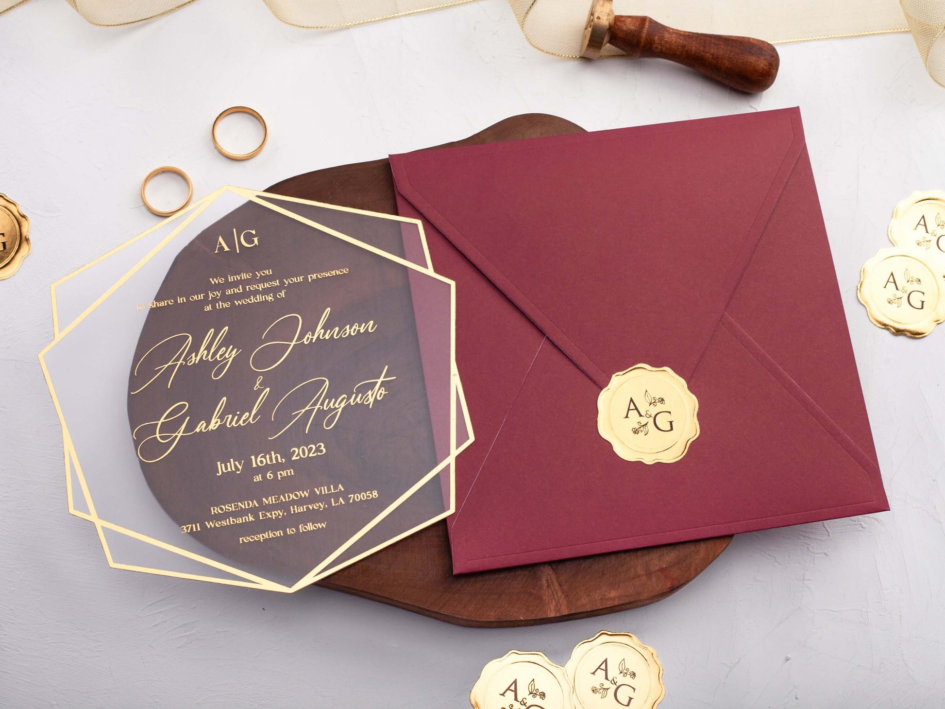 Burgundy Acrylic Wedding Invitations with Gold Foil Printing