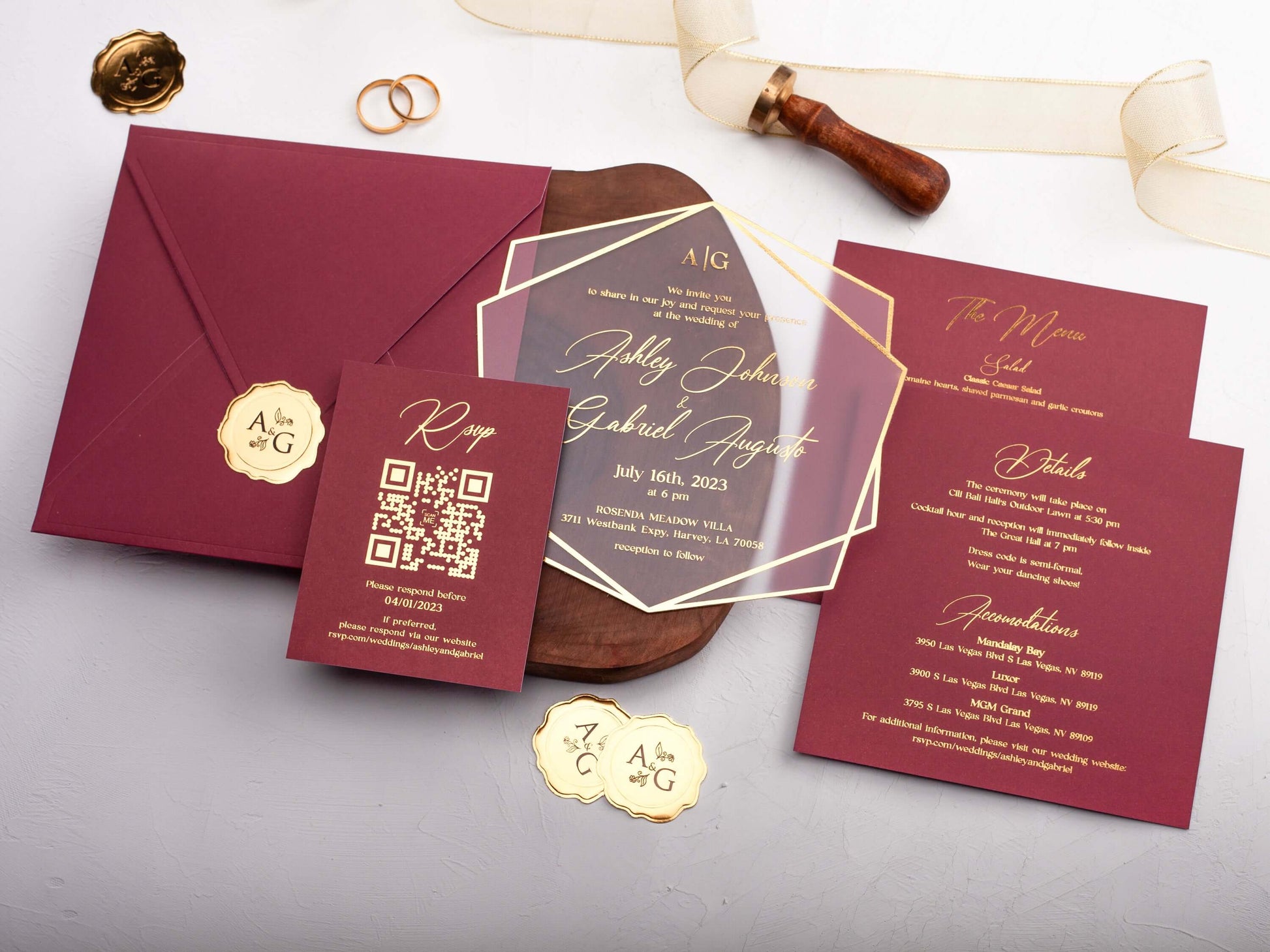 Burgundy Acrylic Wedding Invitations with Gold Foil Printing