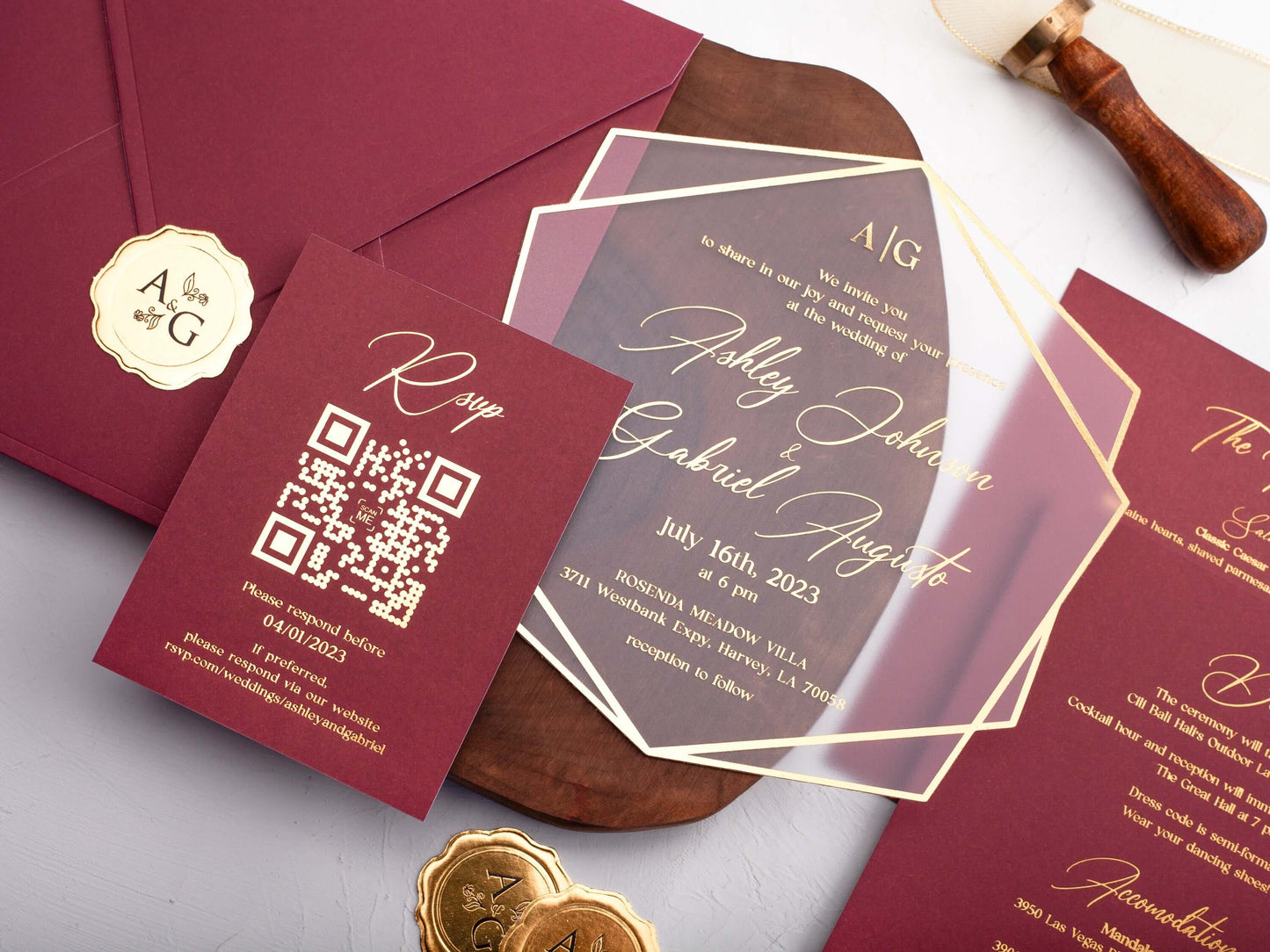 Burgundy Acrylic Wedding Invitations with Gold Foil Printing