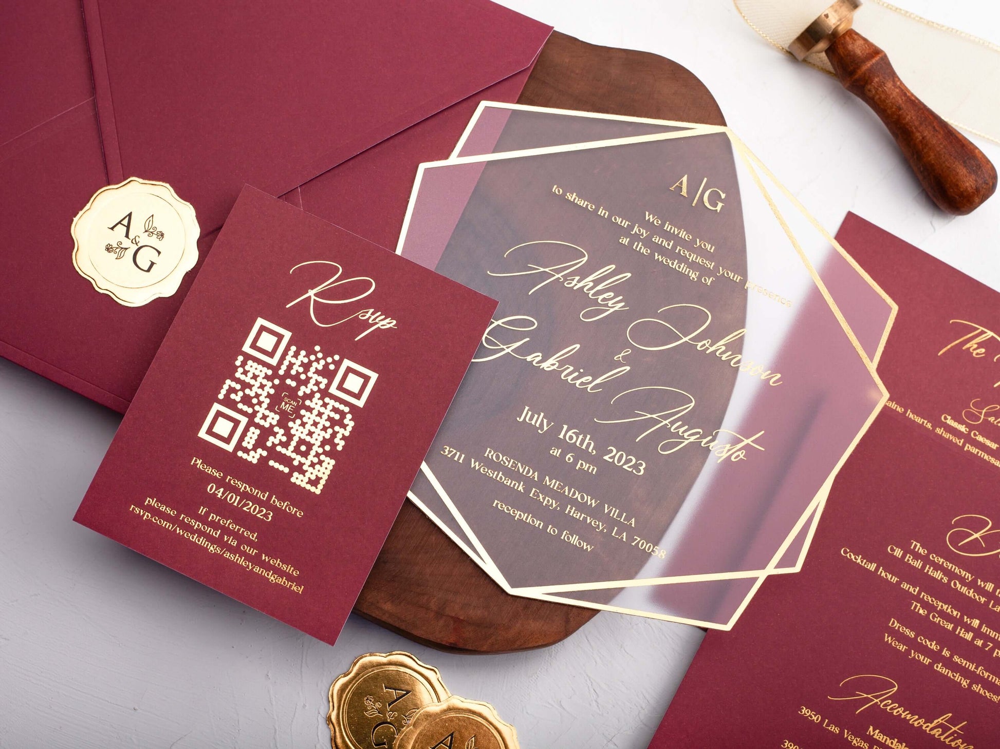 Burgundy Acrylic Wedding Invitations with Gold Foil Printing