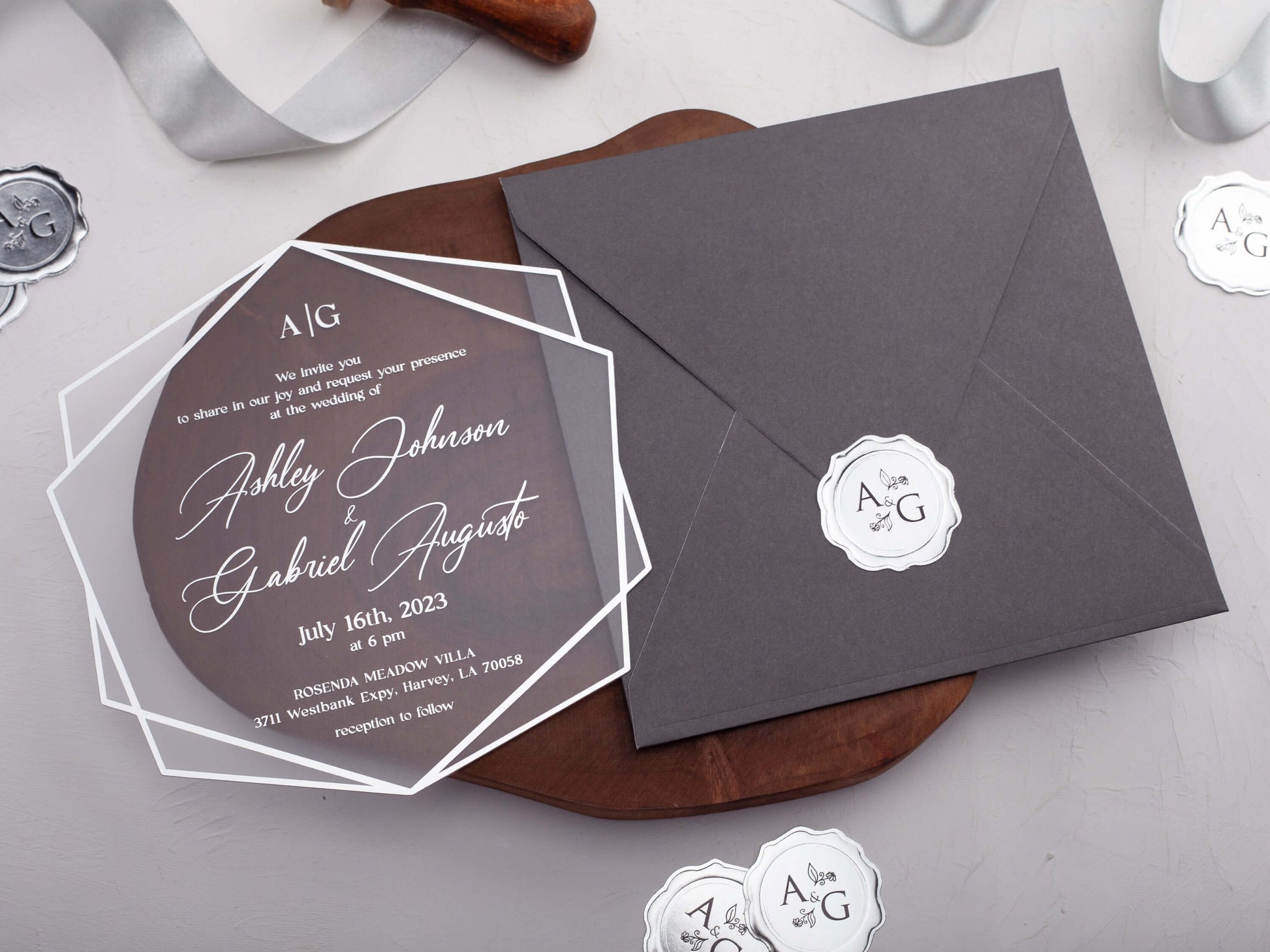 Gray Acrylic Wedding Invitations with Silver Foil Printing