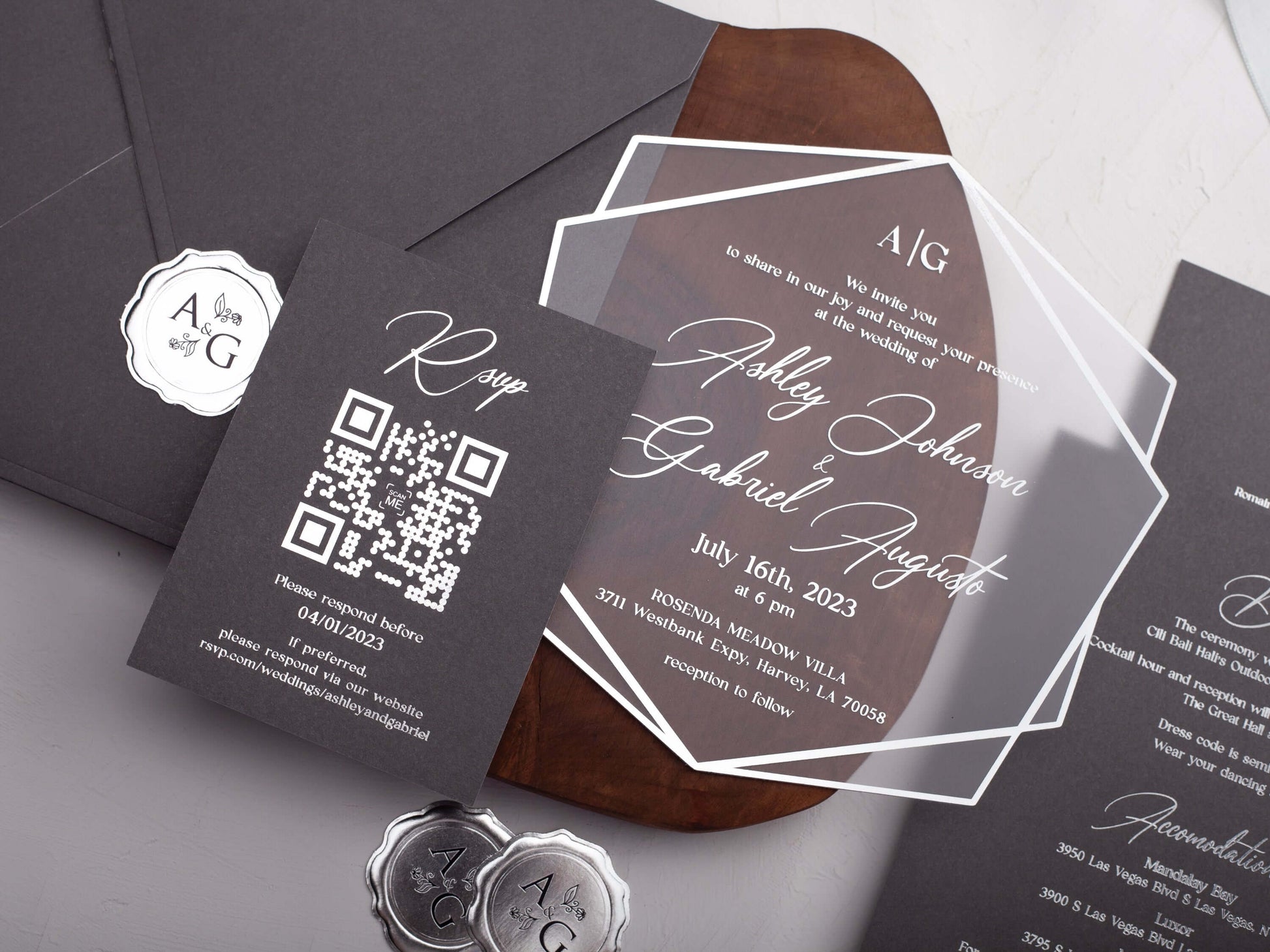 Gray Acrylic Wedding Invitations with Silver Foil Printing