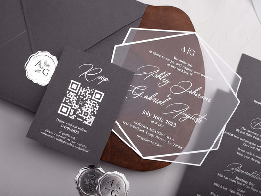 Gray Acrylic Wedding Invitations with Silver Foil Printing