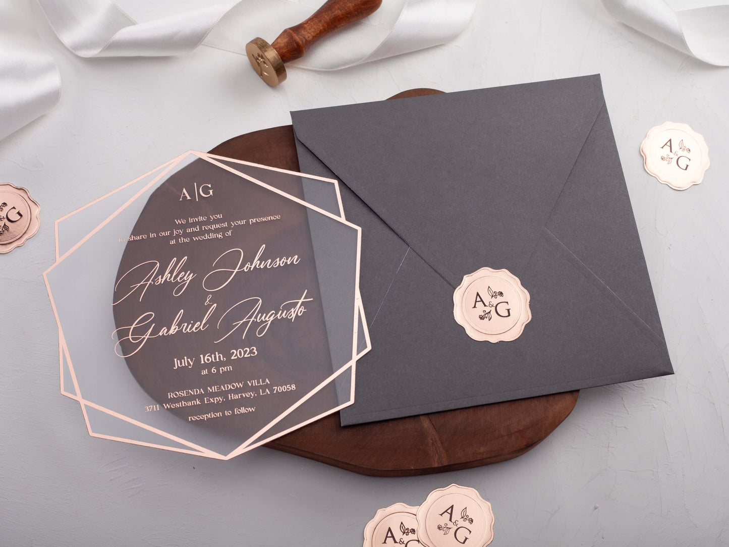 Rose Gold Printed Acrylic Wedding Invitations | Gray Envelope
