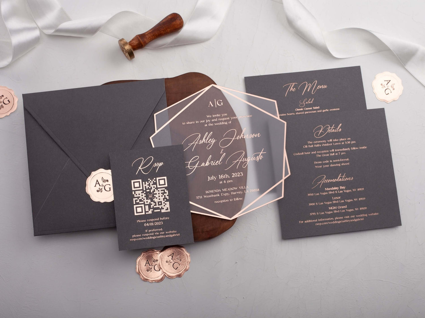 Rose Gold Printed Acrylic Wedding Invitations | Gray Envelope