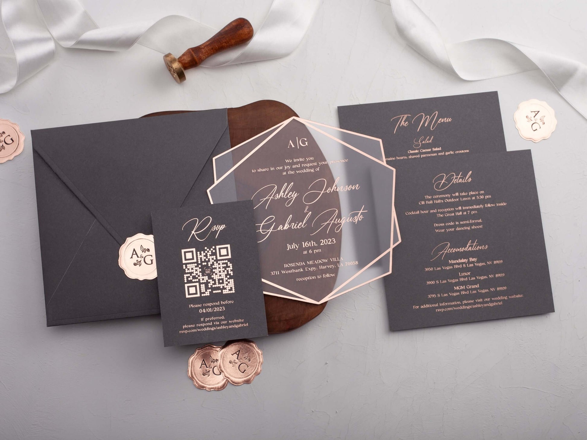 Rose Gold Printed Acrylic Wedding Invitations | Gray Envelope