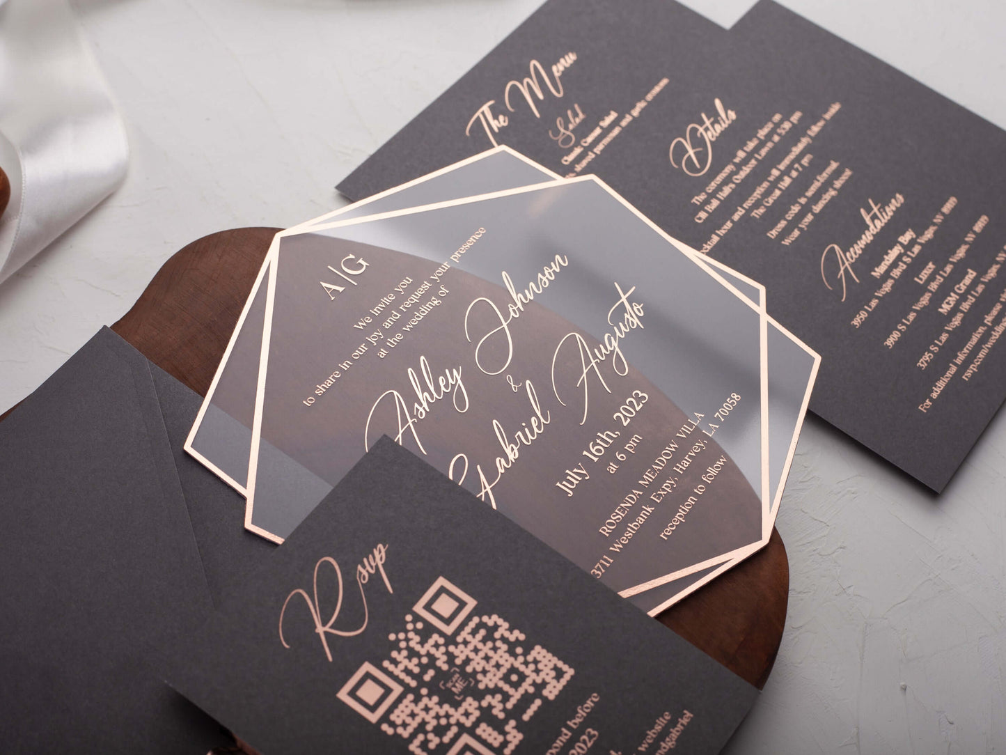 Rose Gold Printed Acrylic Wedding Invitations | Gray Envelope